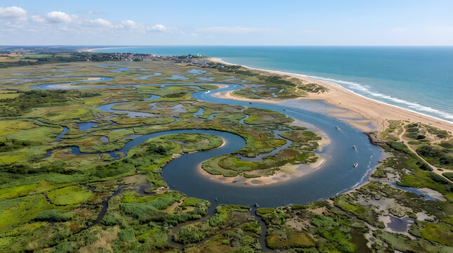 Aerial view of winding river channels through green wetlands and a sandy beach