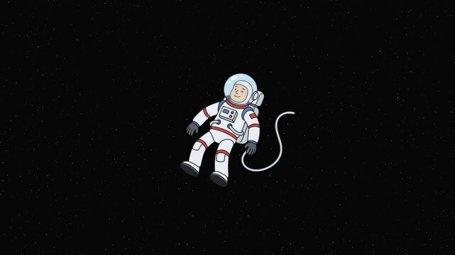 A cute cartoon astronaut in a white space suit floating zero gravity in deep space isolated on a black background. Great for astronomy education, space travel promos, science fiction animations, and c