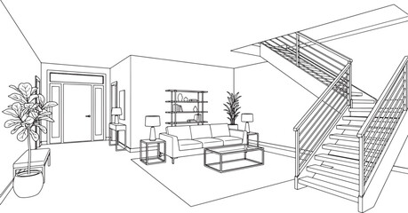Fototapeta premium Line drawing of a modern living room interior with a staircase and furniture in a minimalist style