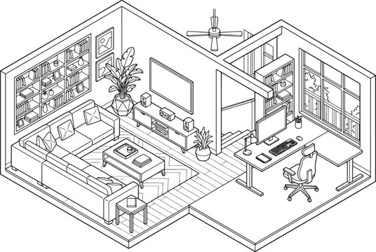 Isometric line art illustration of a modern living room and home office workspace interior design