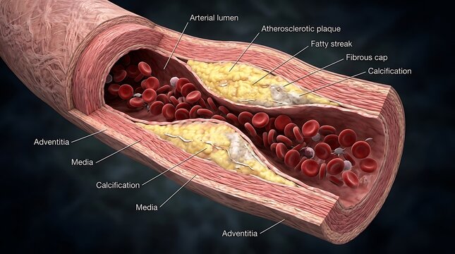 Cross section of artery with atherosclerotic plaque and blood cells