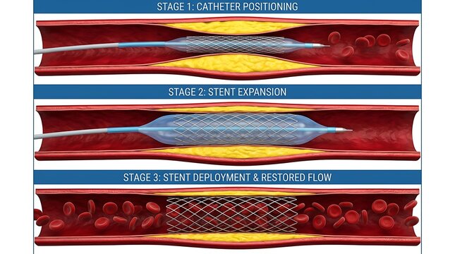 Coronary stent placement stages in blood vessel