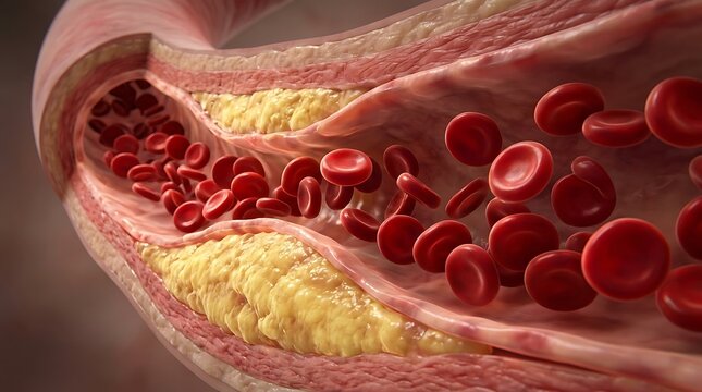 Red blood cells flowing through an artery with plaque