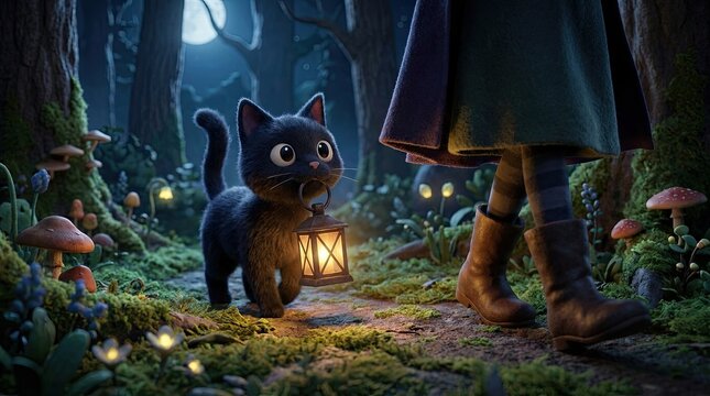 Cute black kitten holding a small glowing lantern in a magical dark forest at night