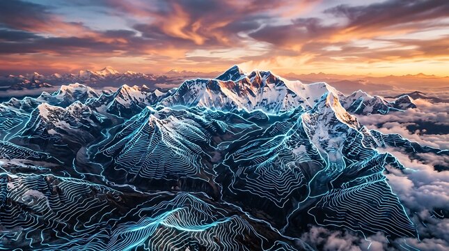 Aerial view of majestic snowcapped mountain peaks at sunset with glowing digital topography lines.