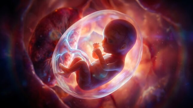 A detailed 3D medical illustration of a human fetus developing inside the womb.