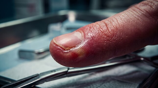 Close up of a human finger showing signs of inflammation and infection.