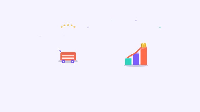 Animated E Commerce Shopping Cart and Rising Growth Bar Chart, Online Business Finance Concept, stock vector.