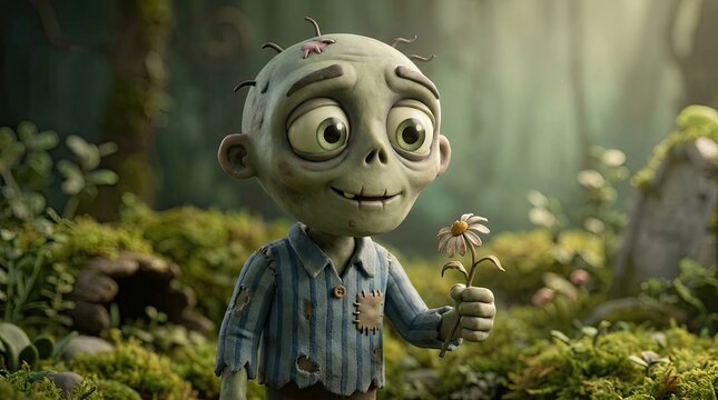 Cute cartoon zombie boy holding a small flower in a green misty forest setting