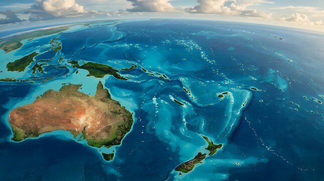 Aerial view of the Australian continent and the South Pacific Ocean from space.