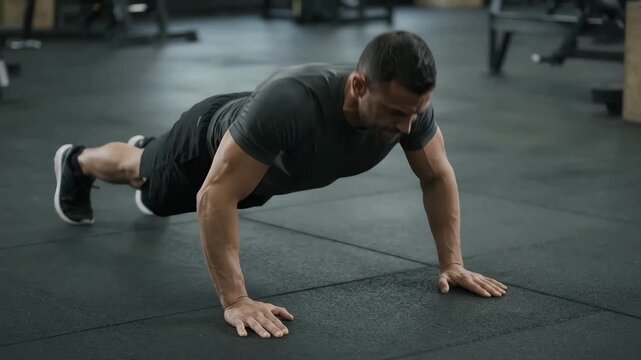 Muscular man performing push-ups on a gym floor during a strength training session