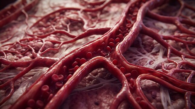 Red blood cells flowing through blood vessels