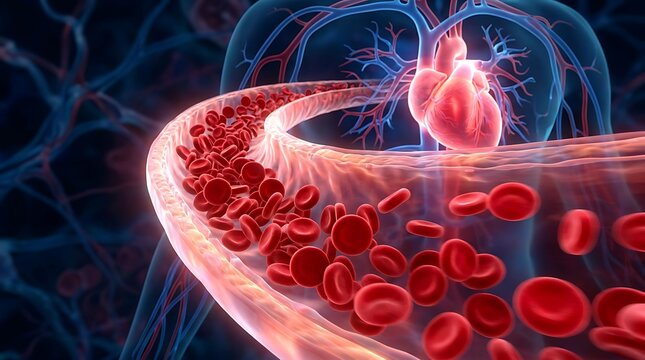 Red blood cells flowing through vessel with heart