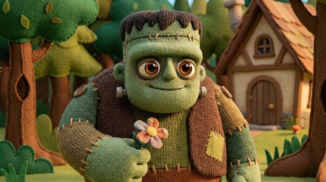 Cute green frankenstein monster holding a small flower in a cozy forest setting