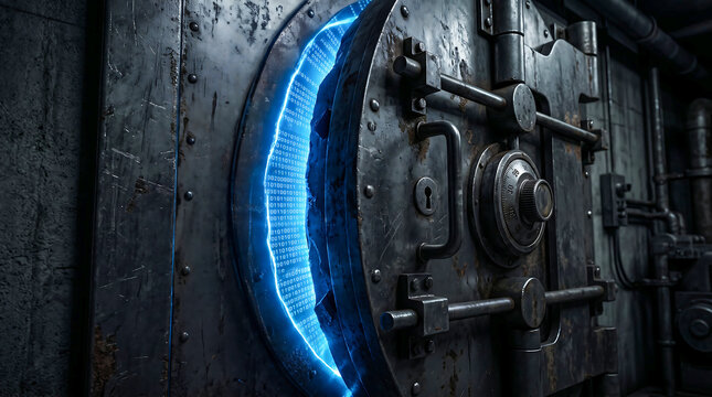 A massive heavy metal bank vault door opening with glowing blue light emitting from the cracked interior