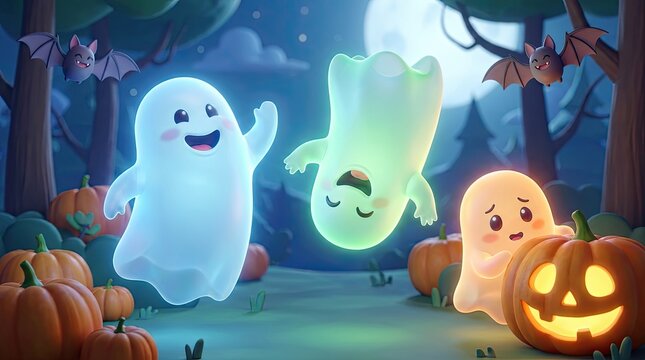 Cute happy ghosts and glowing jack o lantern pumpkins in a dark spooky forest