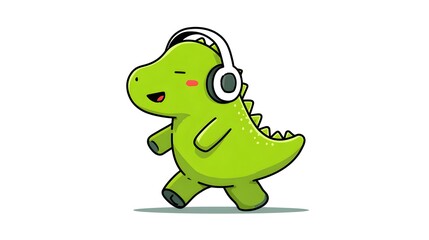 Obraz premium Cute Green Dinosaur Character Wearing Headphones and Walking Happily.