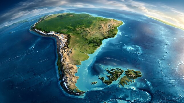Satellite view of the South American continent and surrounding oceans from space.