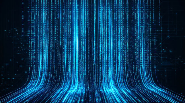 Abstract digital data stream background with glowing blue binary code lines flowing vertically in a cyberspace network