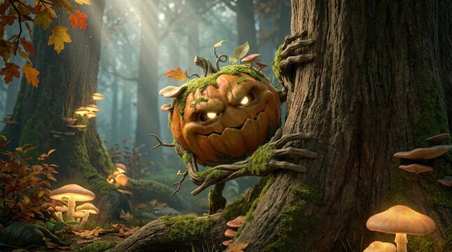 Glowing jack o lantern pumpkin sitting on a tree branch in a dark misty forest