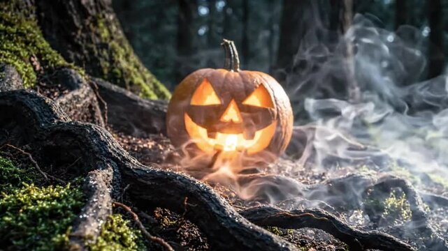 Glowing jack o lantern pumpkin in a spooky dark forest with mist