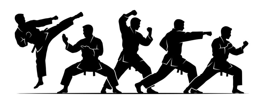 Silhouette of five martial artists demonstrating various dynamic fighting poses against a white background