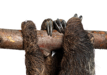 Fototapeta premium Two toed sloth clinging to branch with claws