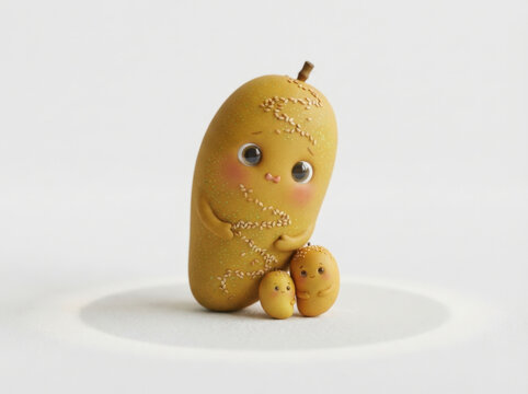Cute mother mango character holding sesame seeds with tiny offspring beside her on light surface for family food branding art.