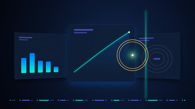 High-tech corporate data visualization motion graphic featuring 3D layered financial dashboards, dynamic growth curves, bar charts, and KPI gauges. Premium 8-second 4K seamless loop for business prese