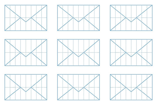 Wz&oacute;r z powtarzającymi się ikonami kopert w stylu liniowym, przedstawiający dziewięć niebieskich symboli wiadomości e-mail na białym tle, idealny do projekt&oacute;w graficznych związanych z komunikacją.