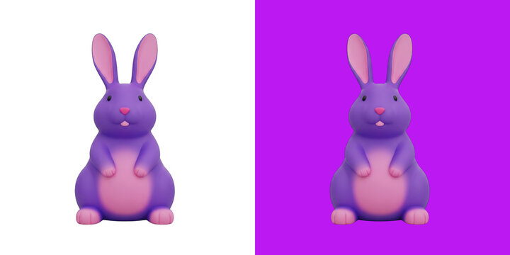 Cute purple bunny rabbit character sitting on split white and purple color background