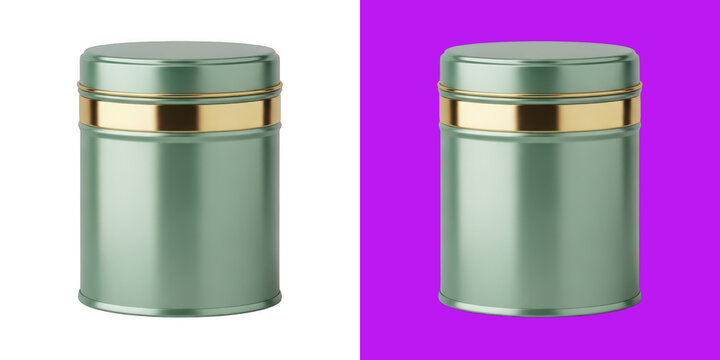 Two cylindrical green metal canisters with gold rims for food storage