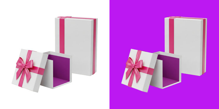 White gift box with vibrant pink ribbon and bow open and closed 3d render