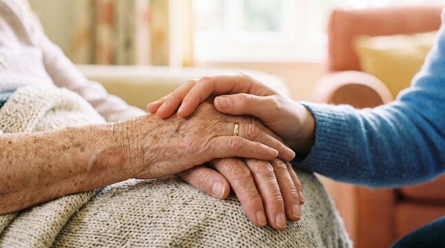 Closeup of a young person holding the wrinkled hand of an elderly person, showing care, support, and a comforting connection