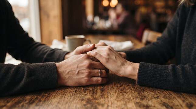 Closeup of a couple holding hands across a wooden table in a cozy cafe setting, symbolizing connection, intimacy, and shared moments