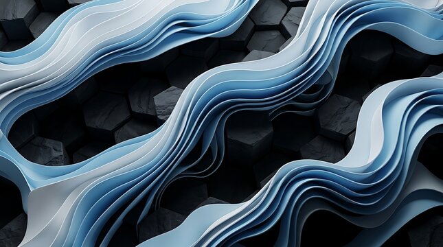Blue 3d wavy ribbons flowing over dark hexagonal geometric surface