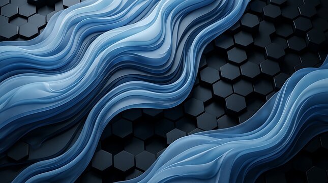 Abstract blue fluid waves flowing over dark hexagonal grid pattern