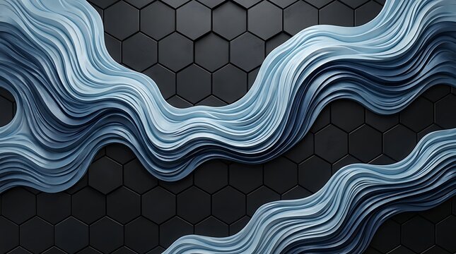 Abstract blue waves flowing over black hexagonal tiles