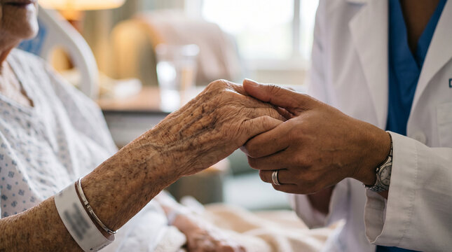 Closeup of a healthcare professional holding the hand of an elderly patient in a hospital room to provide comfort and support