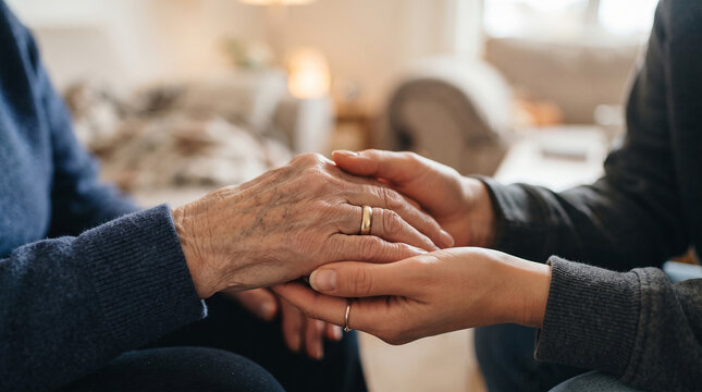 Closeup of a younger person holding the wrinkled hand of an elderly person, showing support, care, empathy, and a strong intergenerational bond