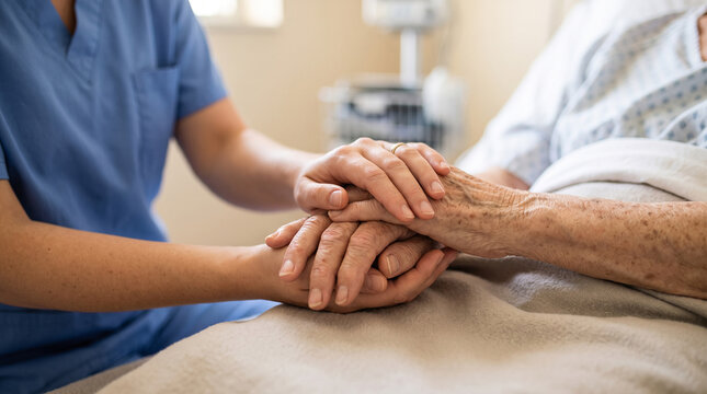 Compassionate nurse holding the hand of an elderly patient in a hospital bed, providing comfort, care, and support during a medical recovery