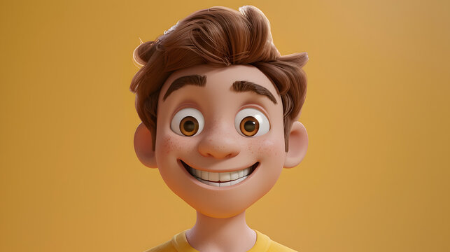 Cheerful 3D Cartoon Boy Portrait with a Big Smile and Freckles