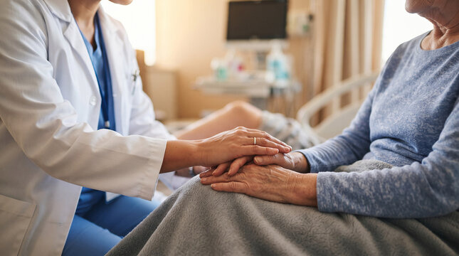 Compassionate doctor holding the hand of an elderly patient in a hospital room, providing comfort and support during a medical consultation