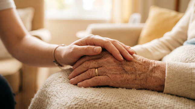 Closeup of a young person holding the hand of an elderly person, showing comfort, care, support, and a deep emotional connection