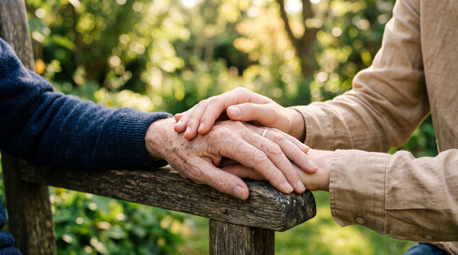 Closeup of a young person holding the hand of an elderly person, showing care, support, and connection in a peaceful outdoor garden setting