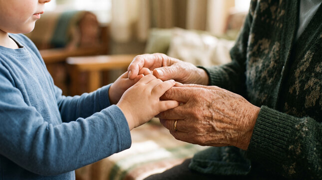 Closeup of a young child holding the wrinkled hands of an elderly person, symbolizing love, care, support, and the connection between generations