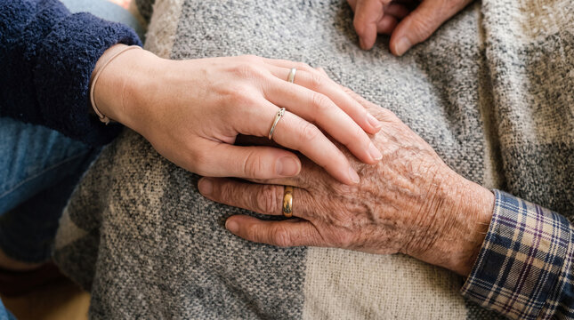 Closeup of a young womans hand gently holding the wrinkled hand of an elderly person, symbolizing care, support, and intergenerational love