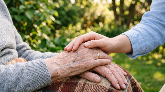 Closeup of a young person holding the hand of an elderly person, showing care, support, and compassion in a peaceful outdoor setting