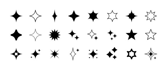 Fototapeta premium Black sparkle and star icon set with four pointed shapes, twinkles, bursts and outline glitter symbols isolated on white background for logo and decor design. Vector graphic set, vector pack