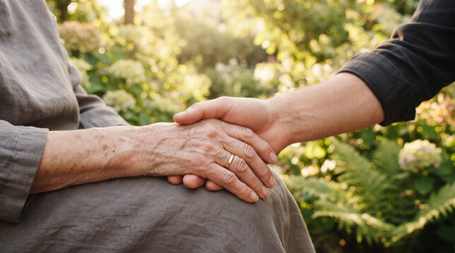 Closeup of a young person holding the hand of an elderly person in a garden, symbolizing care, support, and intergenerational connection